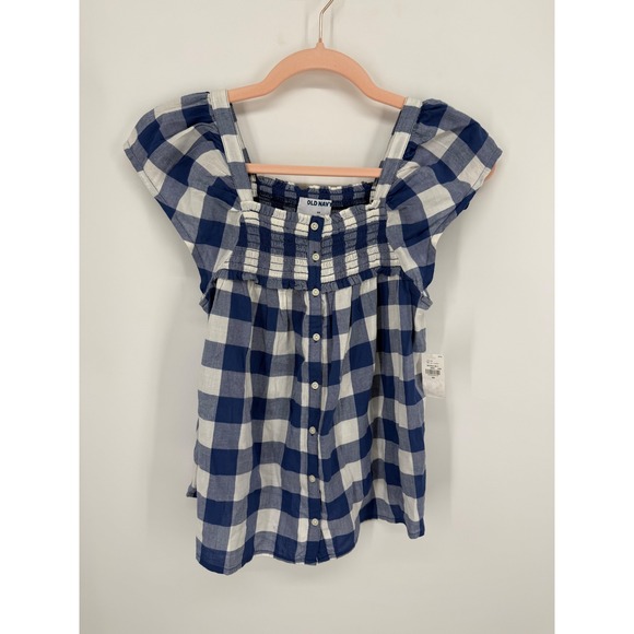 Old Navy Tops - NEW Old Navy Blouse Women XS Blue Gingham Smocked Flutter Sleeve Button Front